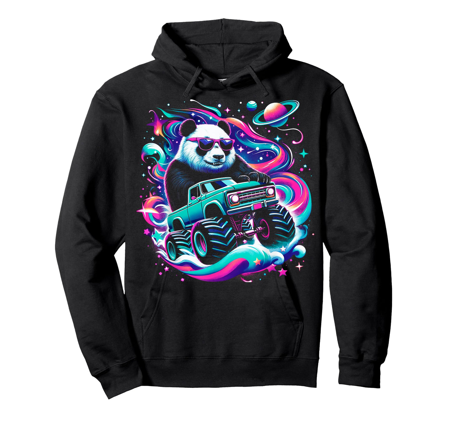 Cool Giant Panda Driving Monster Truck in Cosmic Space T-Shirt