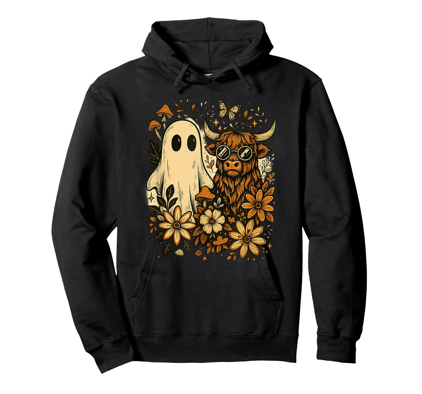 Highland Cow & Ghost Retro Autumn Floral Aesthetic T-Shirt