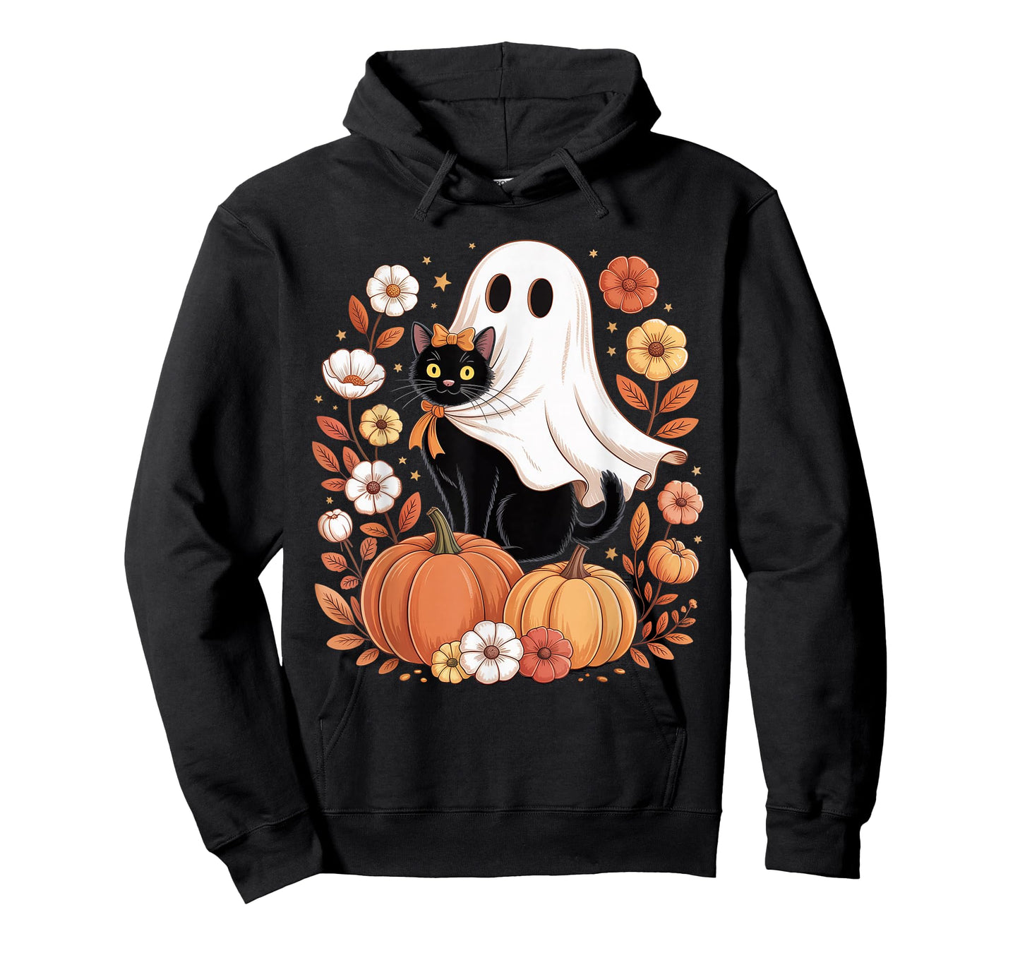 Vintage Black Cat and Ghost with Pumpkins Flowers Halloween T-Shirt