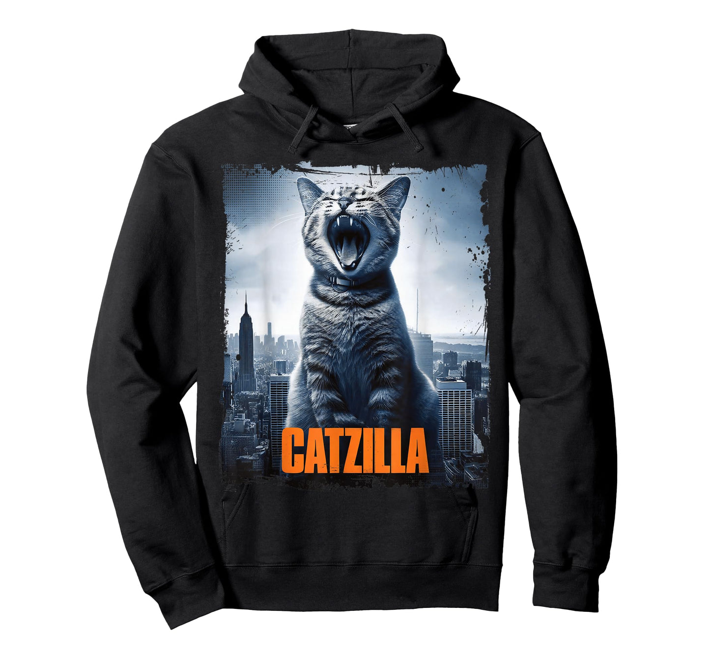 Catzilla Roaring Over City Skyline Cat Monster Kitten Kitty T-Shirt, Small, Black