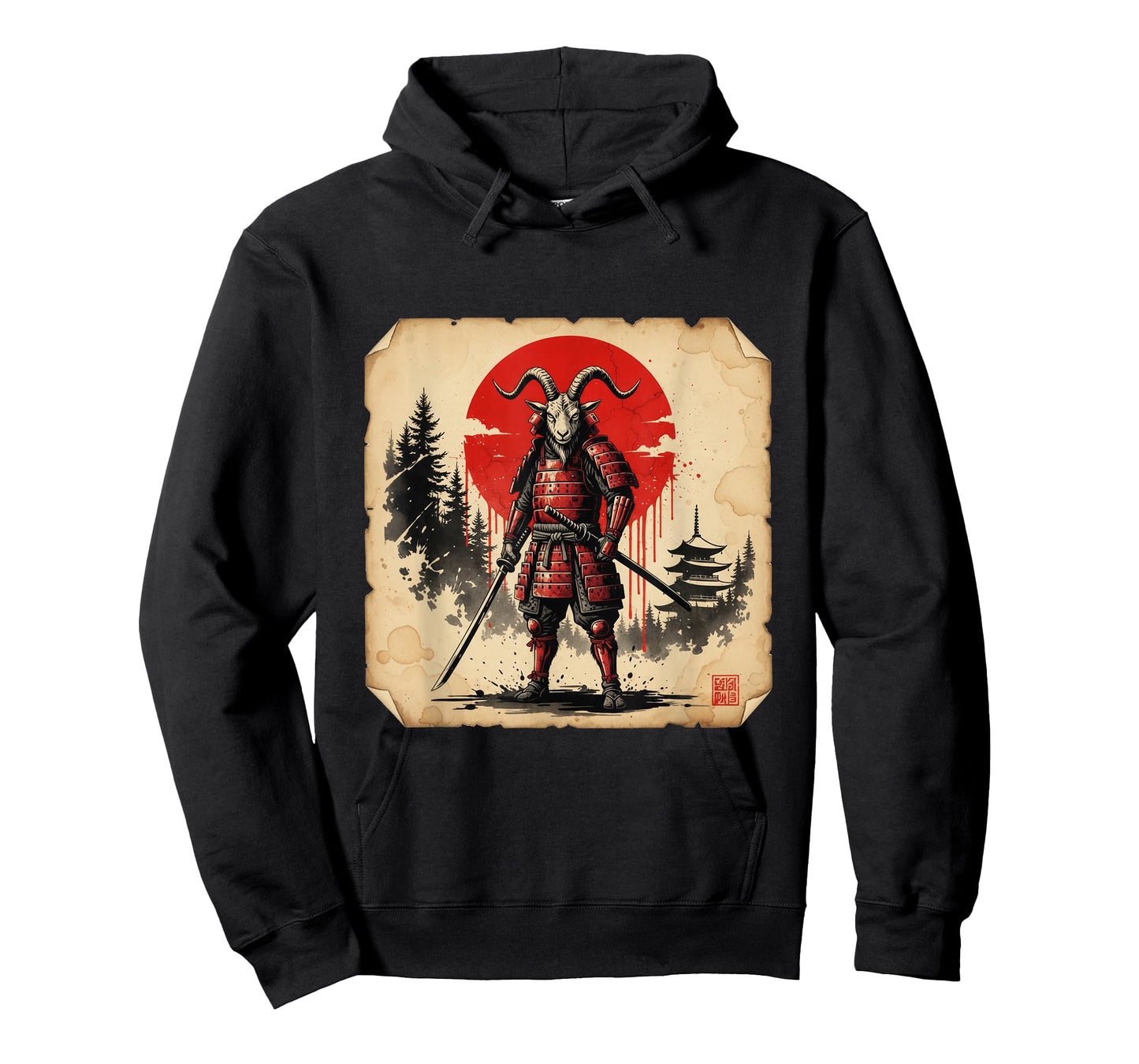 Epic Samurai Goat Japanese Warrior Dark Ink Art T-Shirt