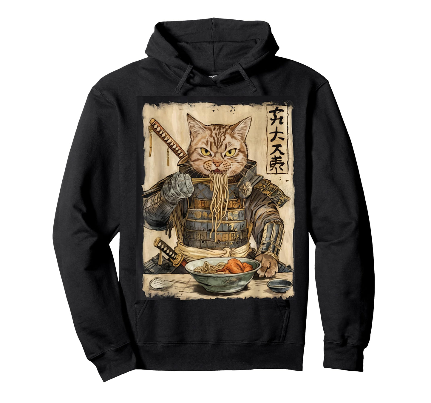 Samurai Cat Loves Ramen Funny Anime Japanese Artwork Samurai T-Shirt