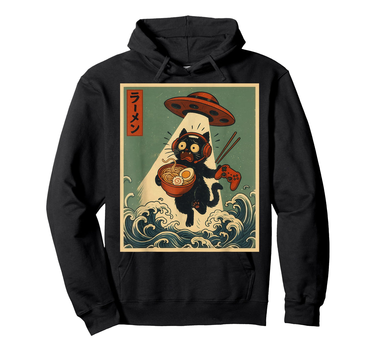 Funny Vintage Japanese Anime Cat Gamer Ramen UFO Gaming T-Shirt