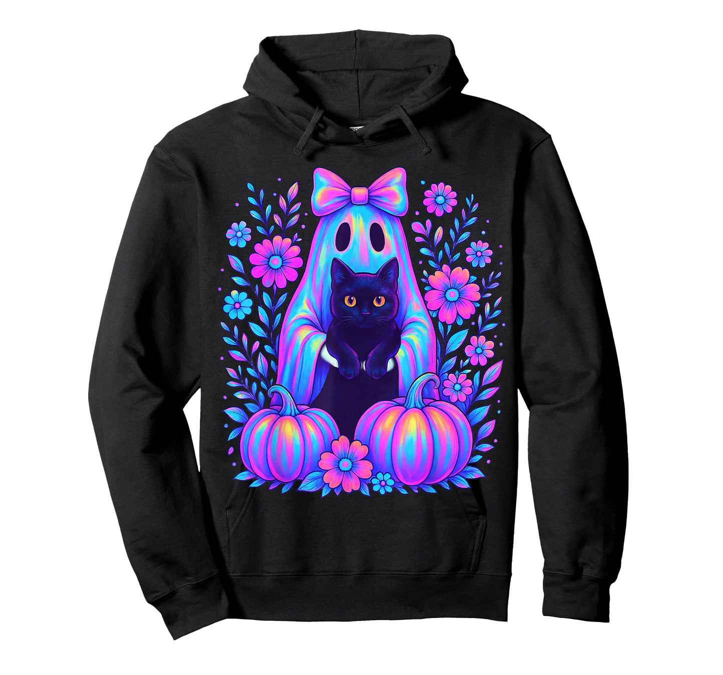 Colorful Halloween Ghost Holding Black Cat Bow Spooky Women T-Shirt