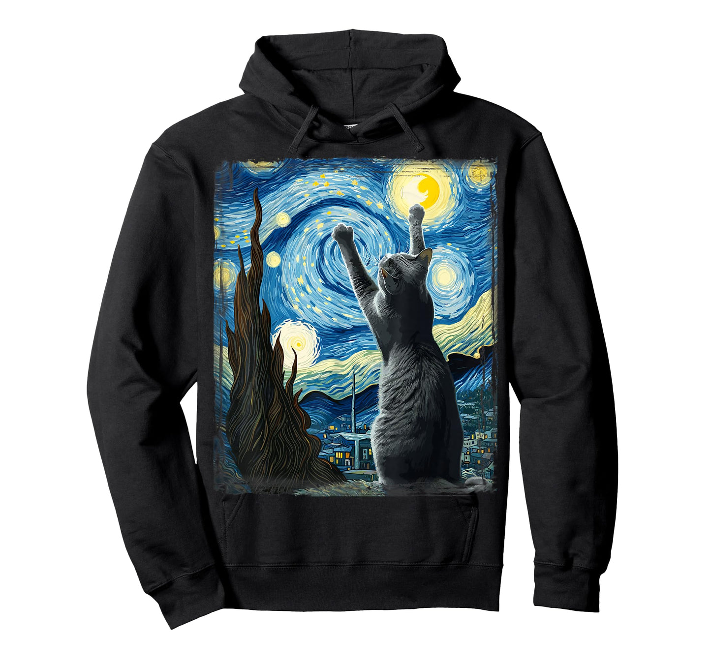 Van Gogh Starry Night Style Artistic Russian Blue Cat T-Shirt
