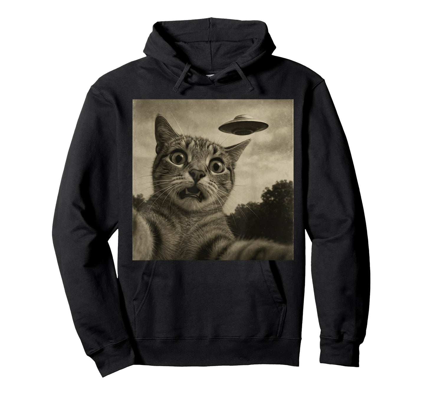 Funny Alien Cat Selfie with UFOs Idea Men Women Kids T-Shirt
