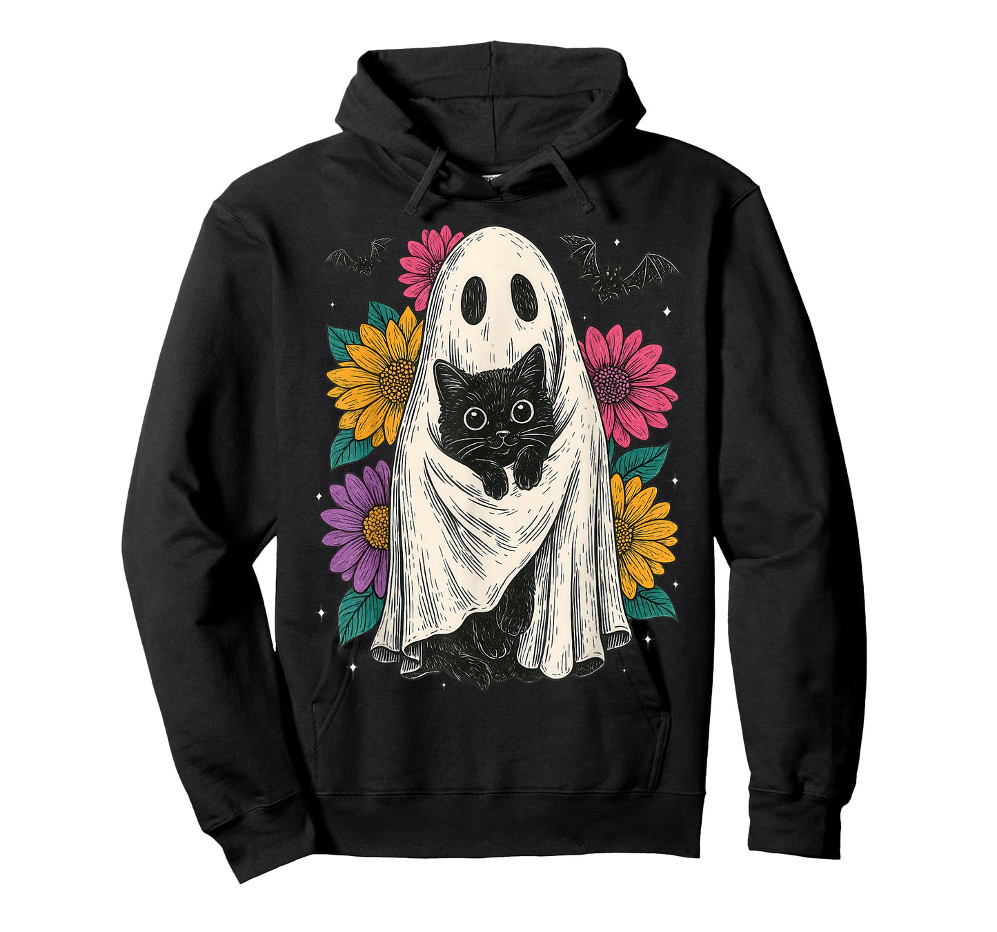 Retro Halloween Ghost and Cat Preppy Floral Halloween T-Shirt