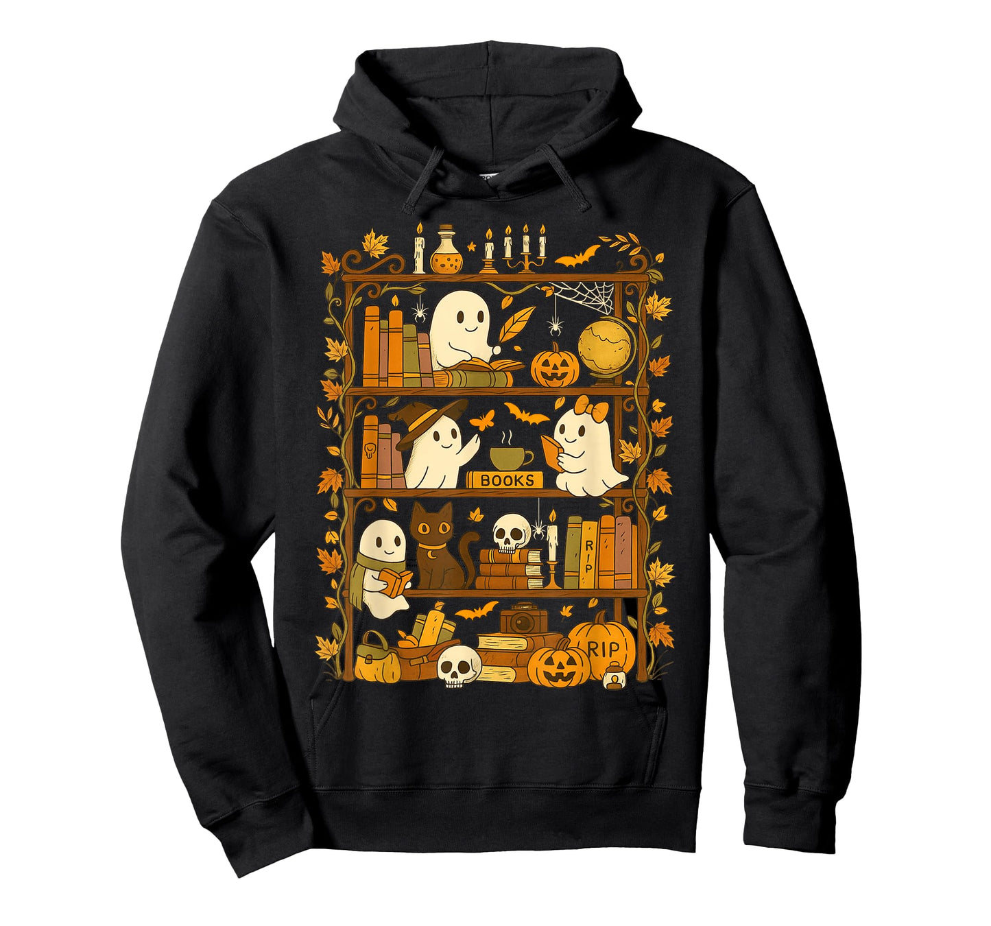 Retro Bookshelf Black Cat Halloween Ghost Reading Book Lover T-Shirt