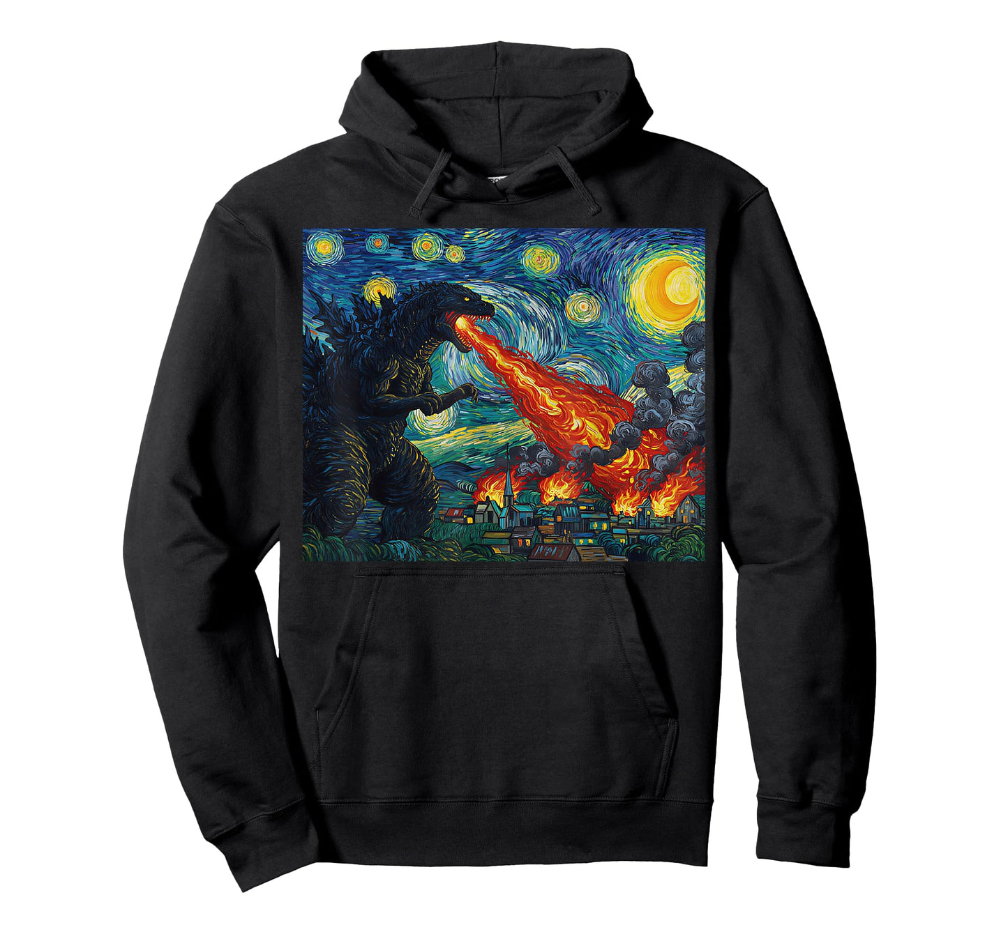 Funny Art Japanese Monster Kaiju in Van Gogh Starry Night T-Shirt