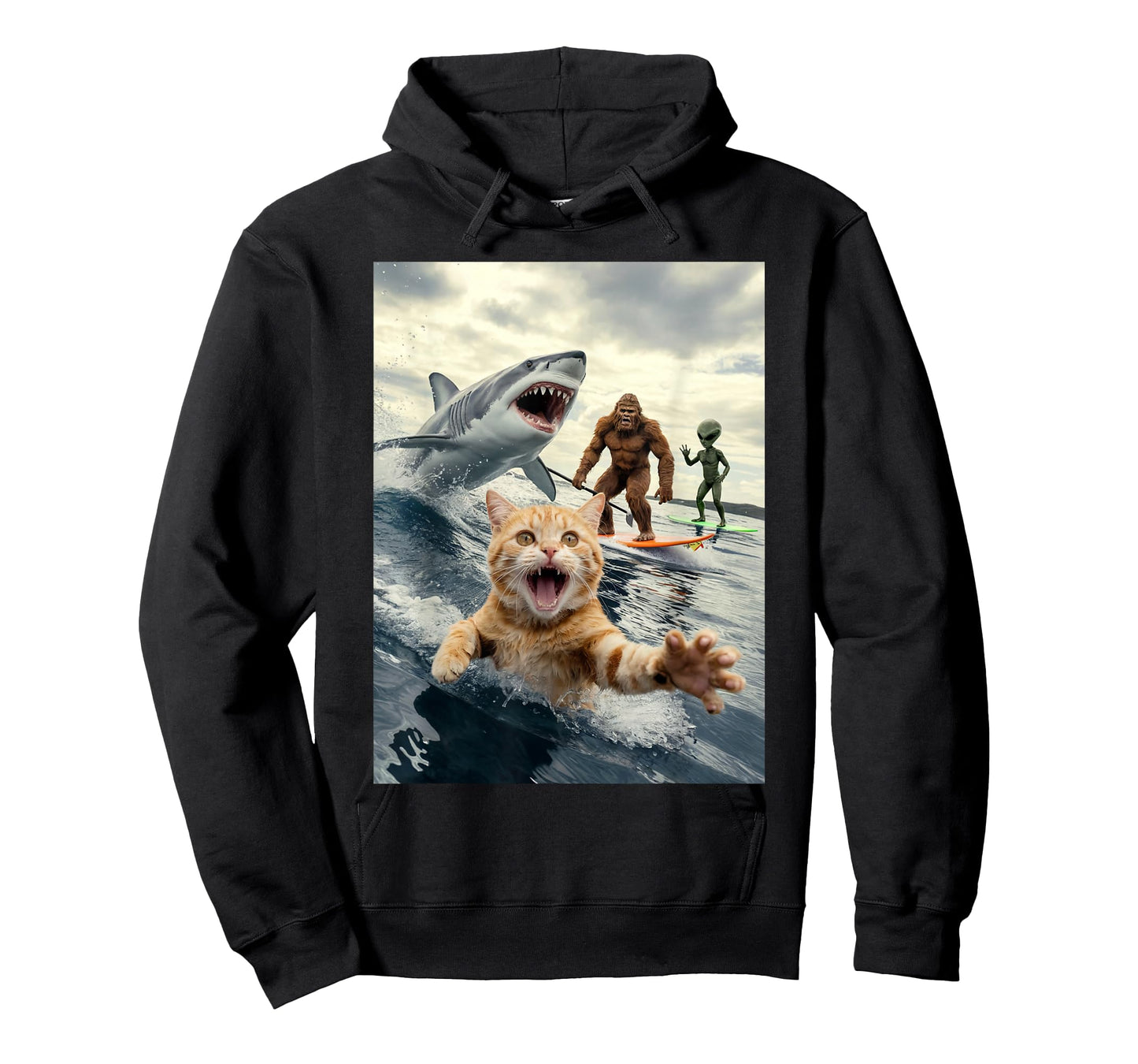 Funny Cat Surfing Bigfoot Alien Shark T-Shirt