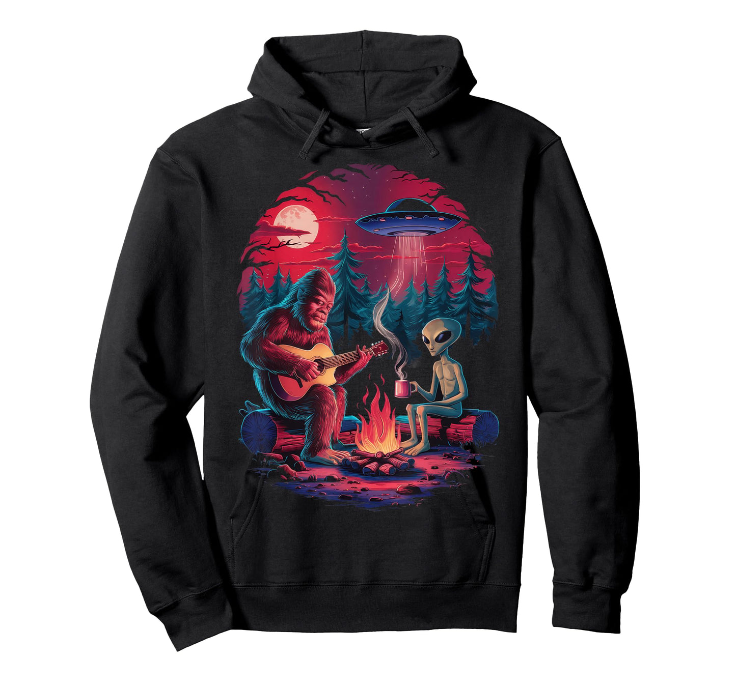 Funny Alien and Bigfoot Campfire Moon UFO Adventure Hiking T-Shirt