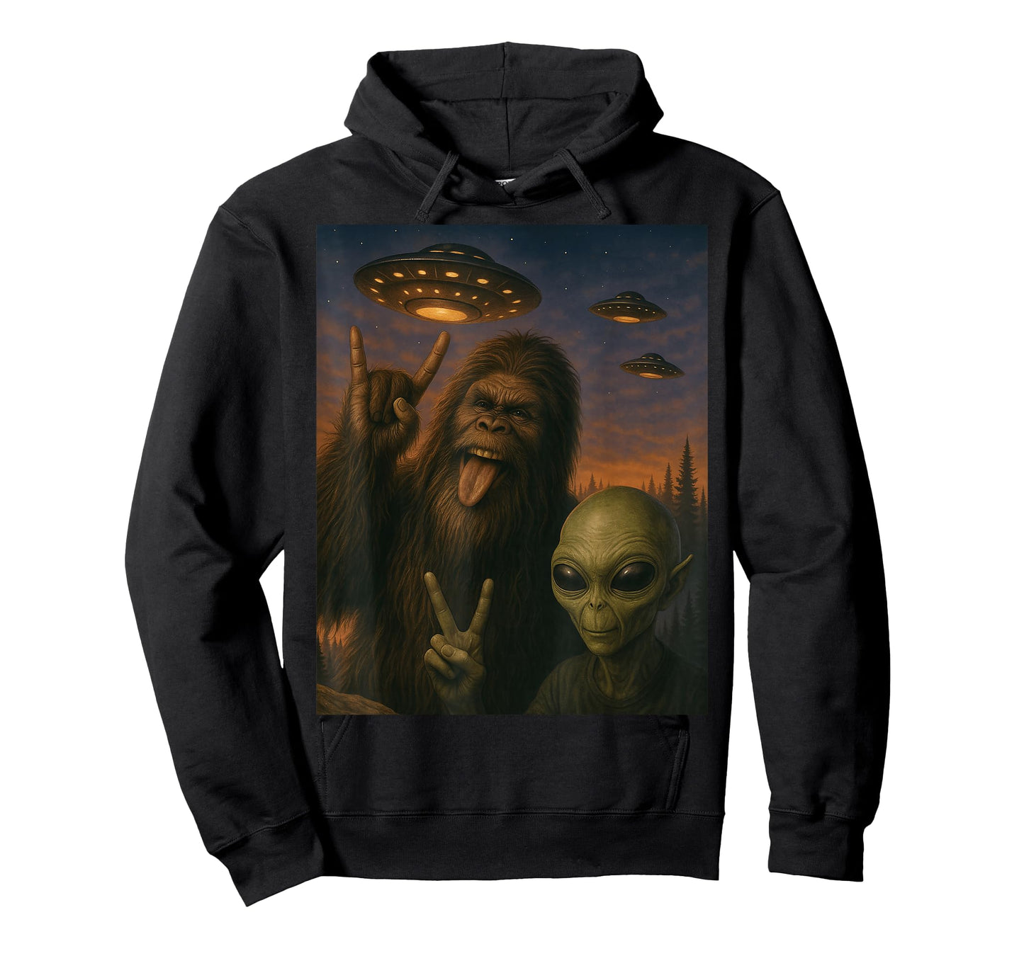 Bigfoot Alien Rock On Selfie UFO Funny Gifts Men Women Kid T-Shirt