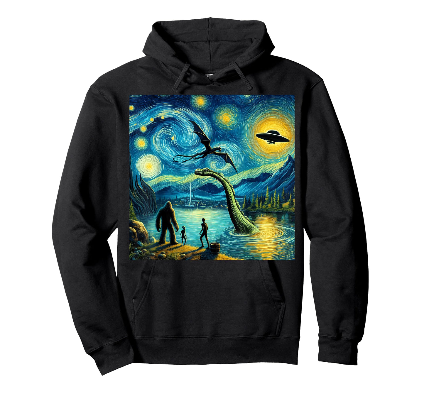 bigfoot starry night loch Ness alien UFO dragon cute lake T-Shirt