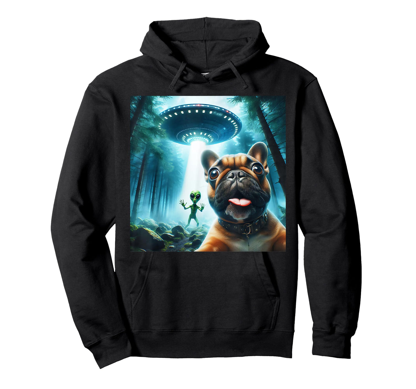 French bulldog selfie with alien UFO cool alien art T-Shirt