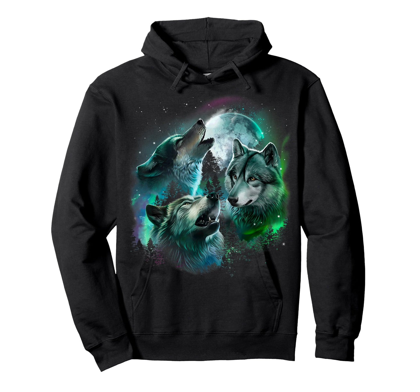 Grey Wolf Hunting in the Forest under Full Moon and Aurora T-Shirt