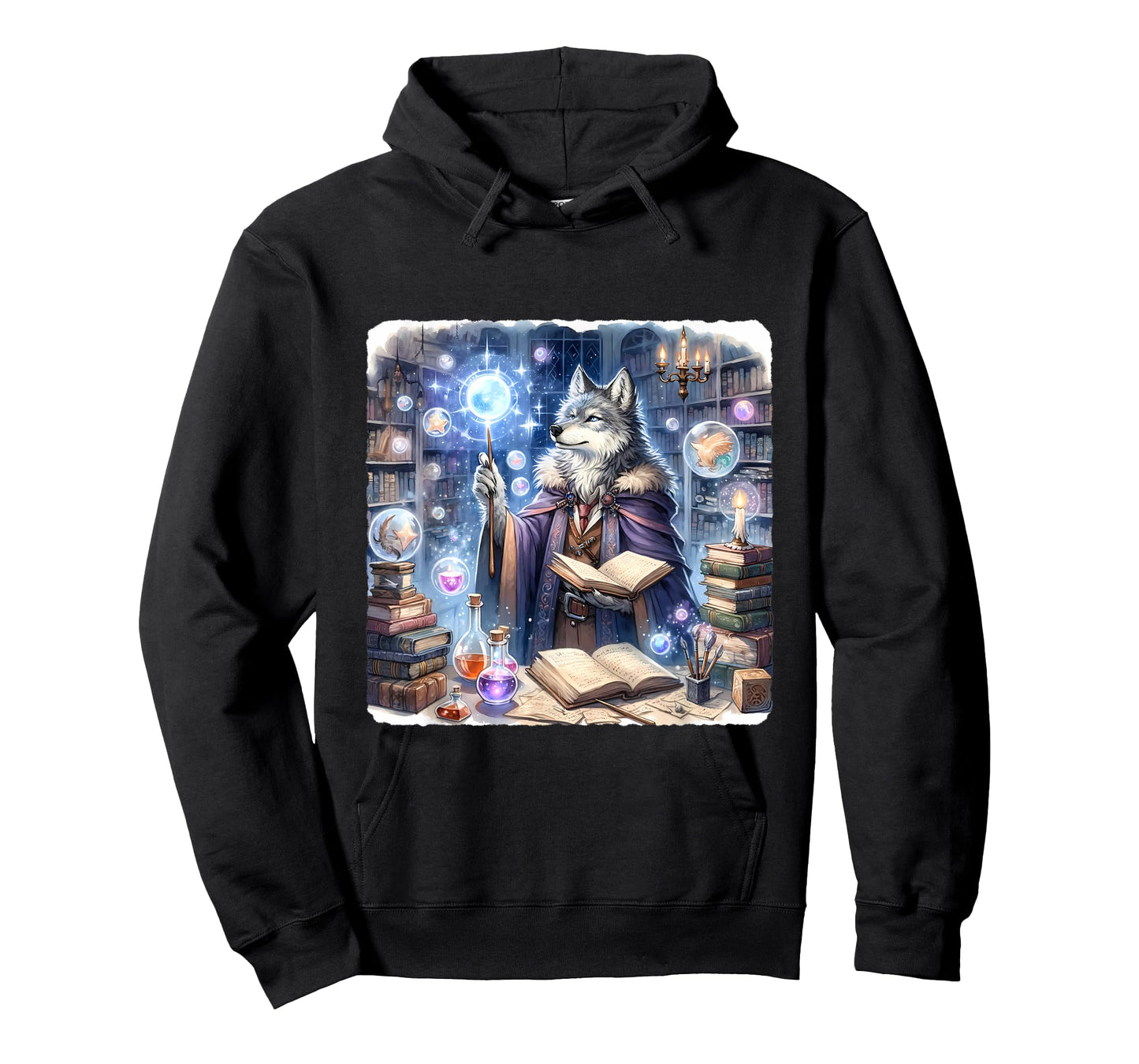 Wolf Wizard Casting Spells With Luminous Wand. Books Potions T-Shirt