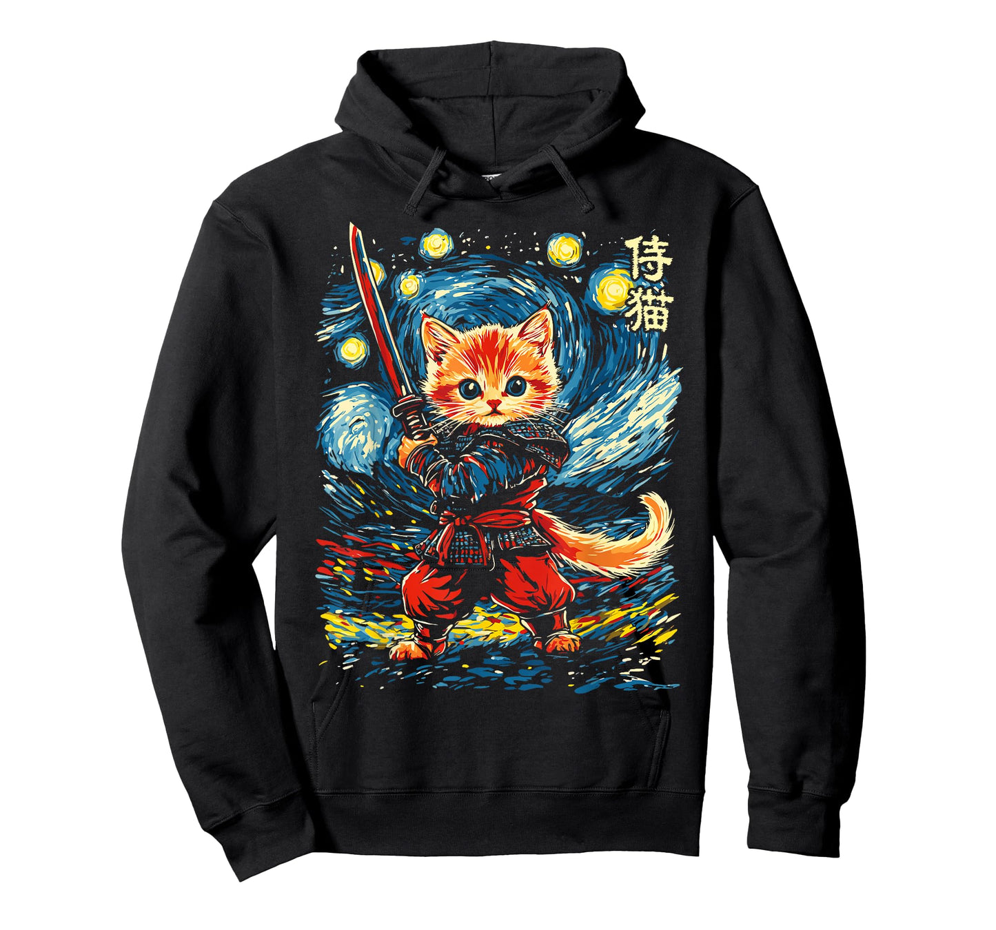Japanese Samurai Ninja Cat in Starry Night Style T-Shirt
