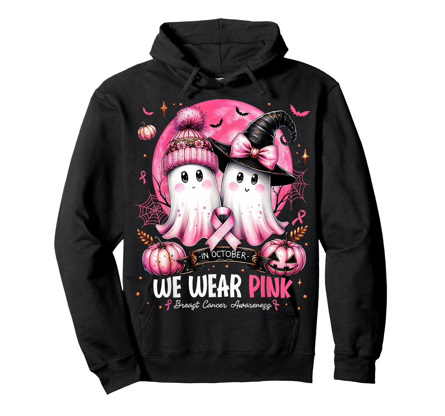 in October We Wear Pink Ghost Witch Breast Cancer Awareness T-Shirt