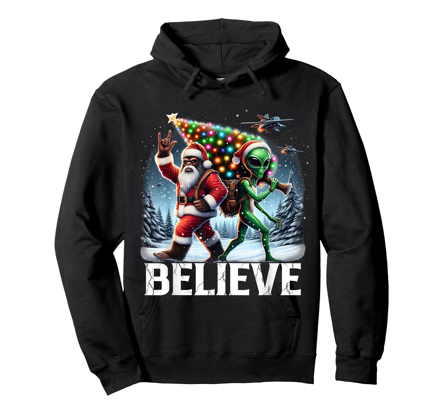 Believe Funny Alien and Bigfoot Christmas Design T-Shirt