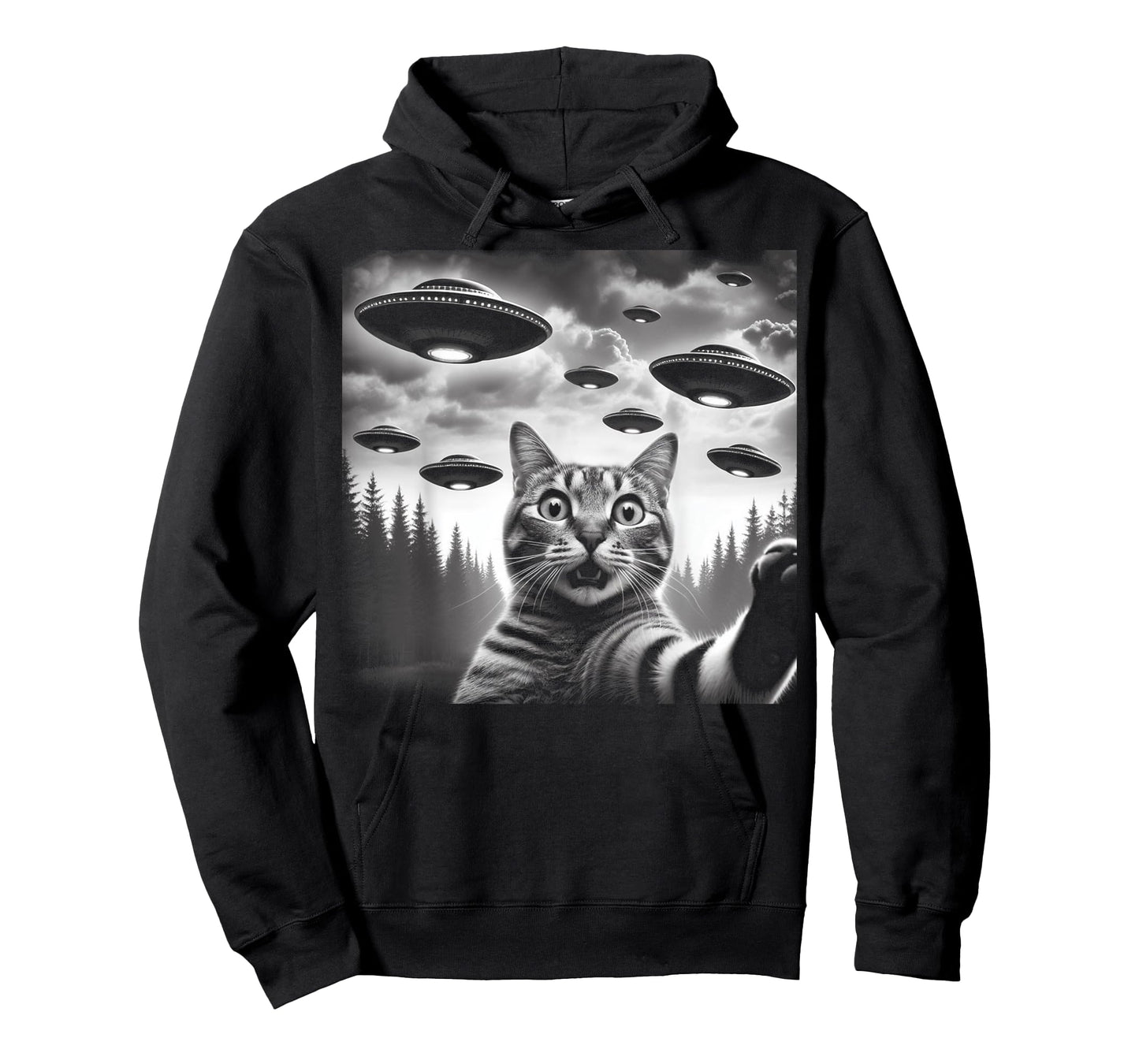Funny Cat Selfie with UFOs T-Shirt for Men Women Kids