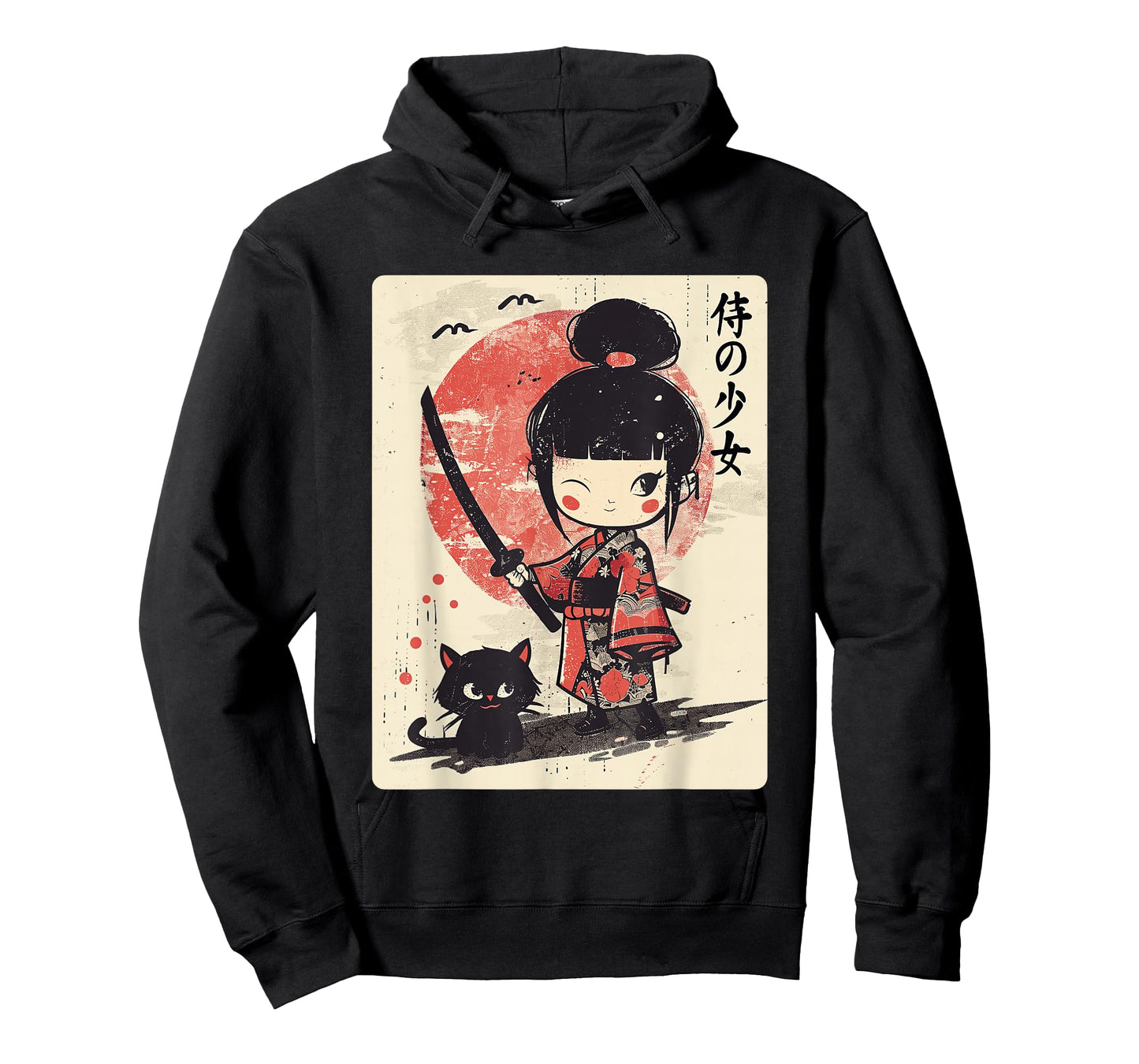 Cute Kawaii Samurai Girl with Katana & Cat Japanese Anime T-Shirt