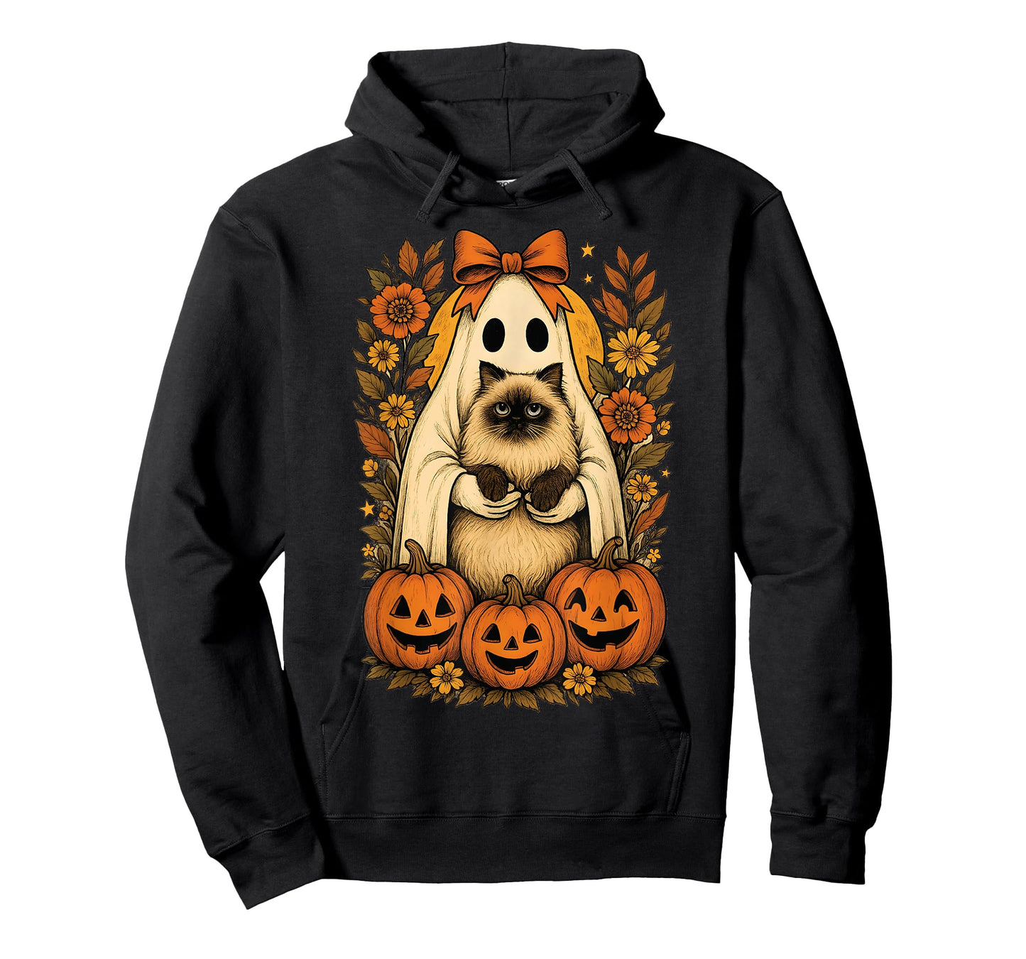 Vintage Ghost Holding Himalayan Cat with Pumpkins Halloween T-Shirt