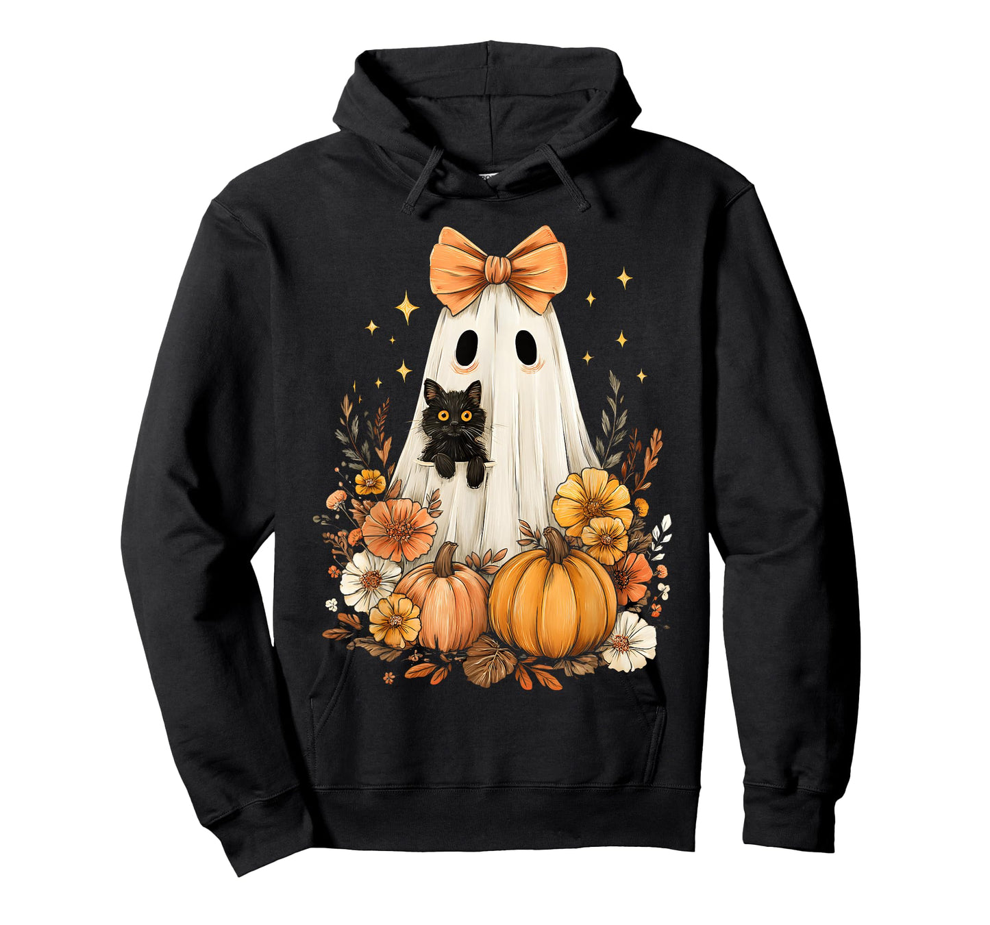 Halloween Vintage Cute Ghost Black Cat Pumpkins Floral T-Shirt