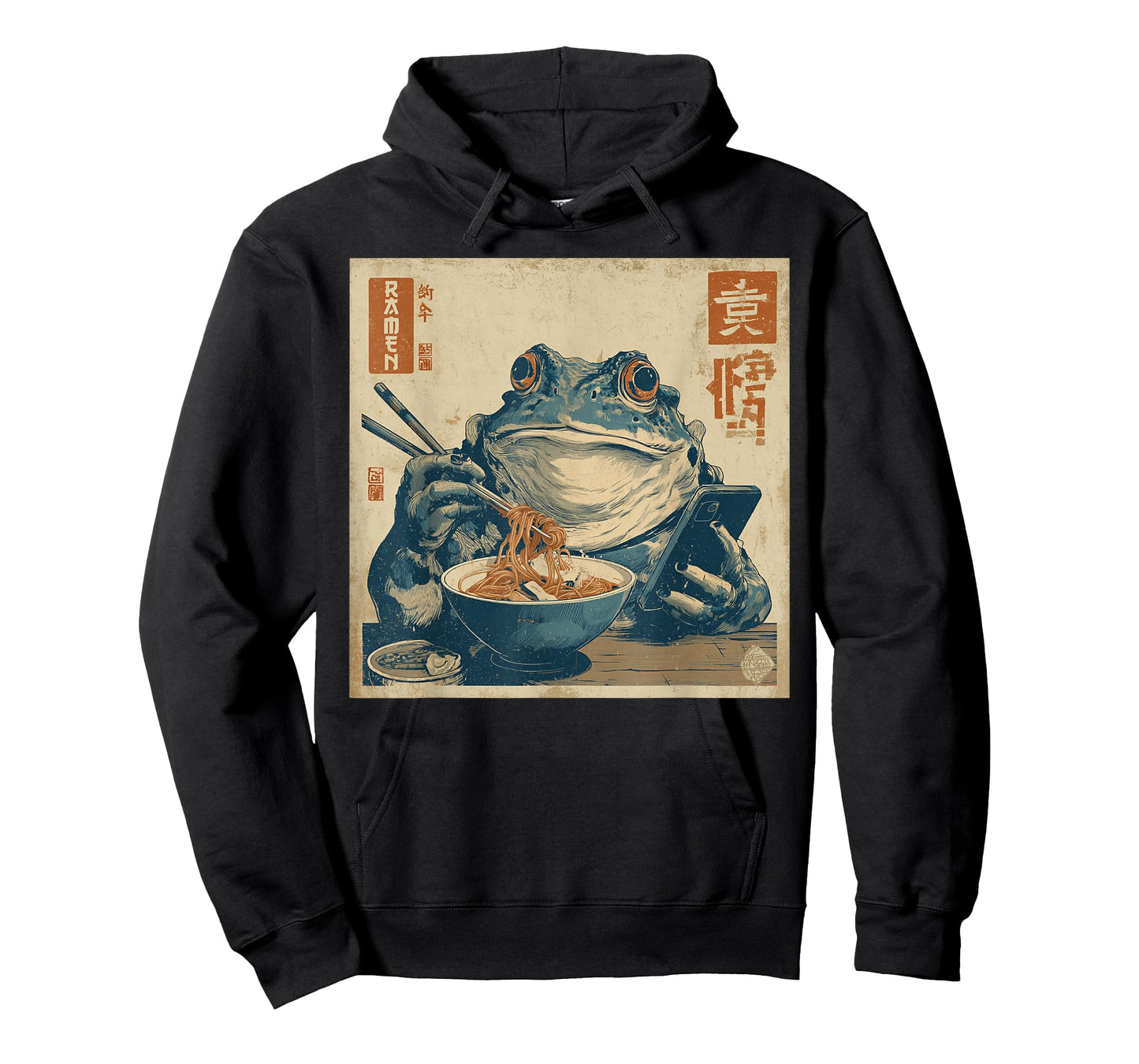 Funny Grumpy Frog Eat Ramen and Scroll Phone Japanese Art T-Shirt