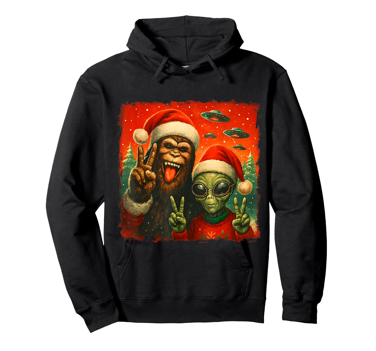 Funny Christmas Bigfoot & Alien Sasquatch Rock On Hand Sign T-Shirt
