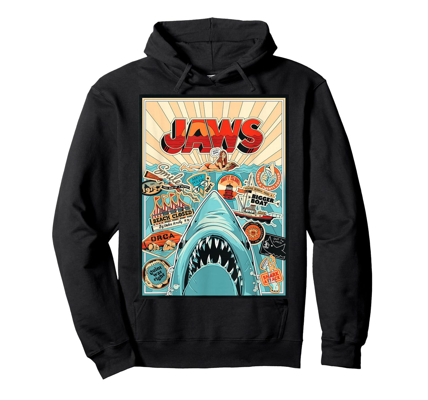 Jaws 50th Anniversary Poster Amity Sticker Collage 2-Sided T-Shirt