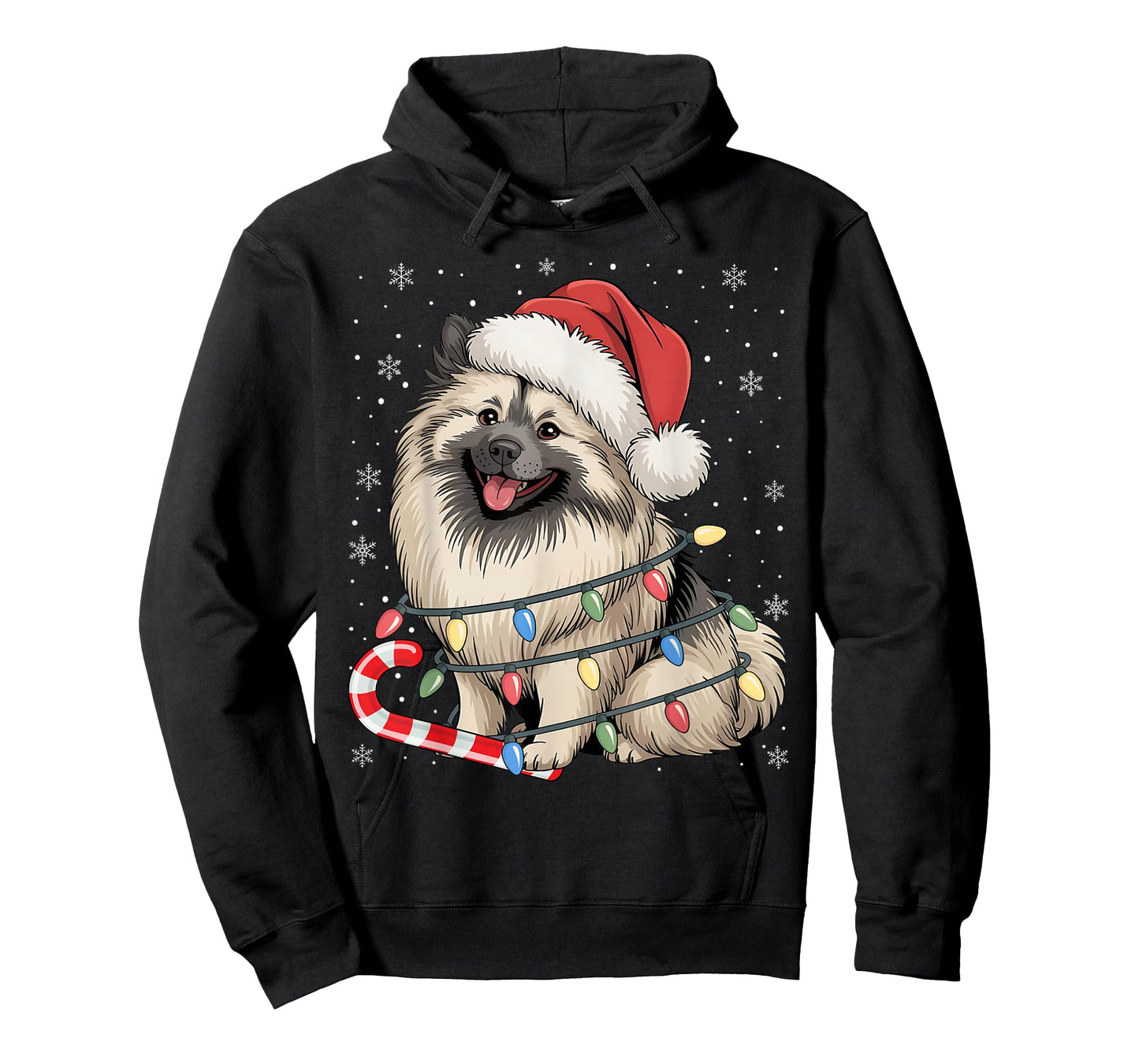 Keeshond Dog Ugly Christmas Candy Cane Tree Lights Xmas T-Shirt