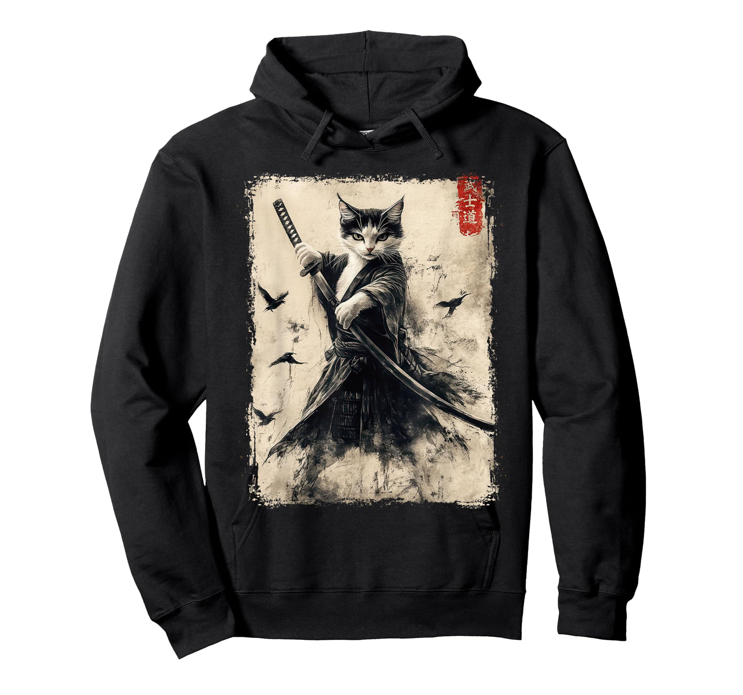 Samurai Cat Graphic Tee Warrior Vintage Japanese Art Anime T-Shirt