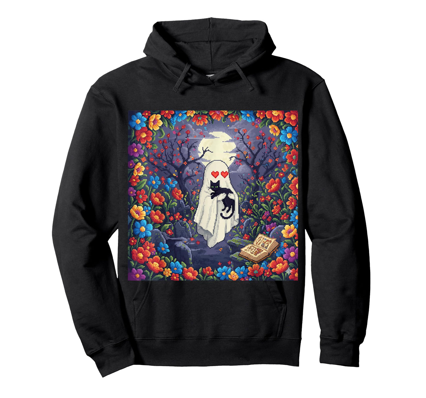 Funny Ghost with Heart Eyes Hug Black Cat in Flower Pixel T-Shirt