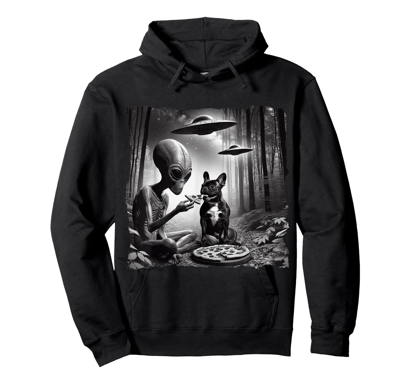 French Bulldog With Alien Eating Pizza. UFO French Bulldog T-Shirt