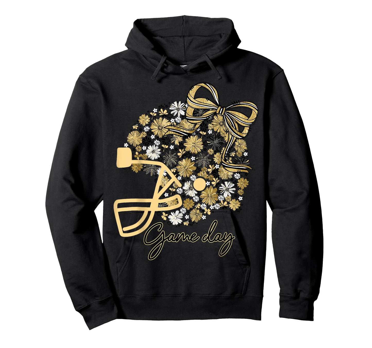 Floral Football Game Day Girly Bow Team Spirit Black & Gold T-Shirt