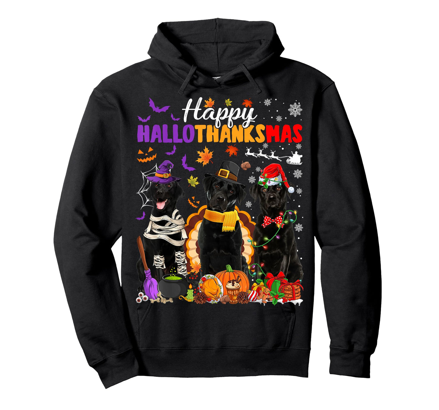 Witch Pilgrim Turkey Santa Black Labrador Dog HalloThanksMas T-Shirt