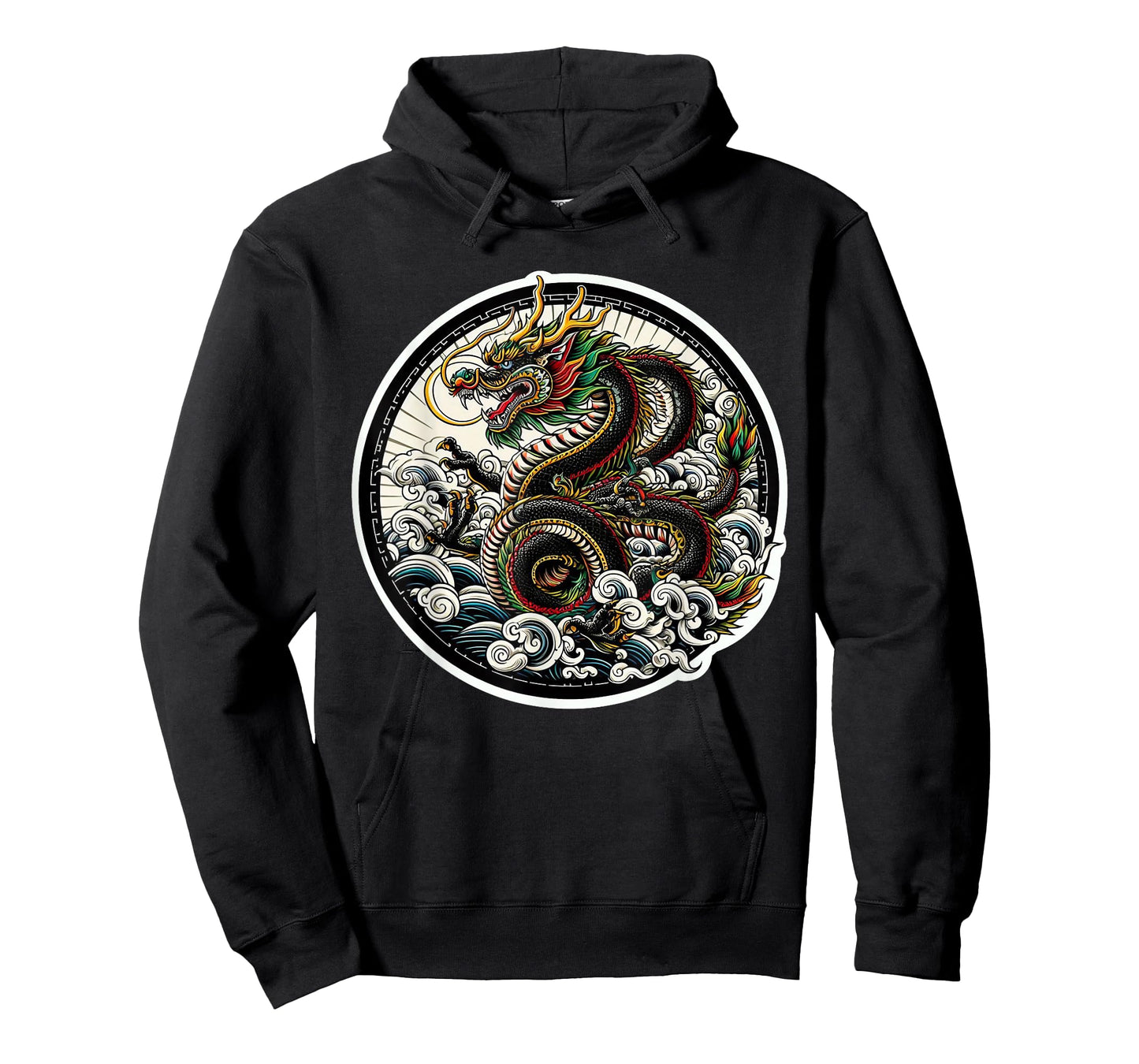 xDevery Asian Dragon Green Lucky Tattoo Design Colourful Vivid T-Shirt, Small, Black