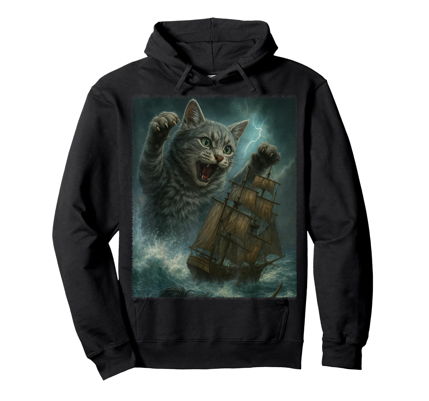 Giant Cat as Kraken Sea Monster Attack Pirate Ship in Ocean T-Shirt