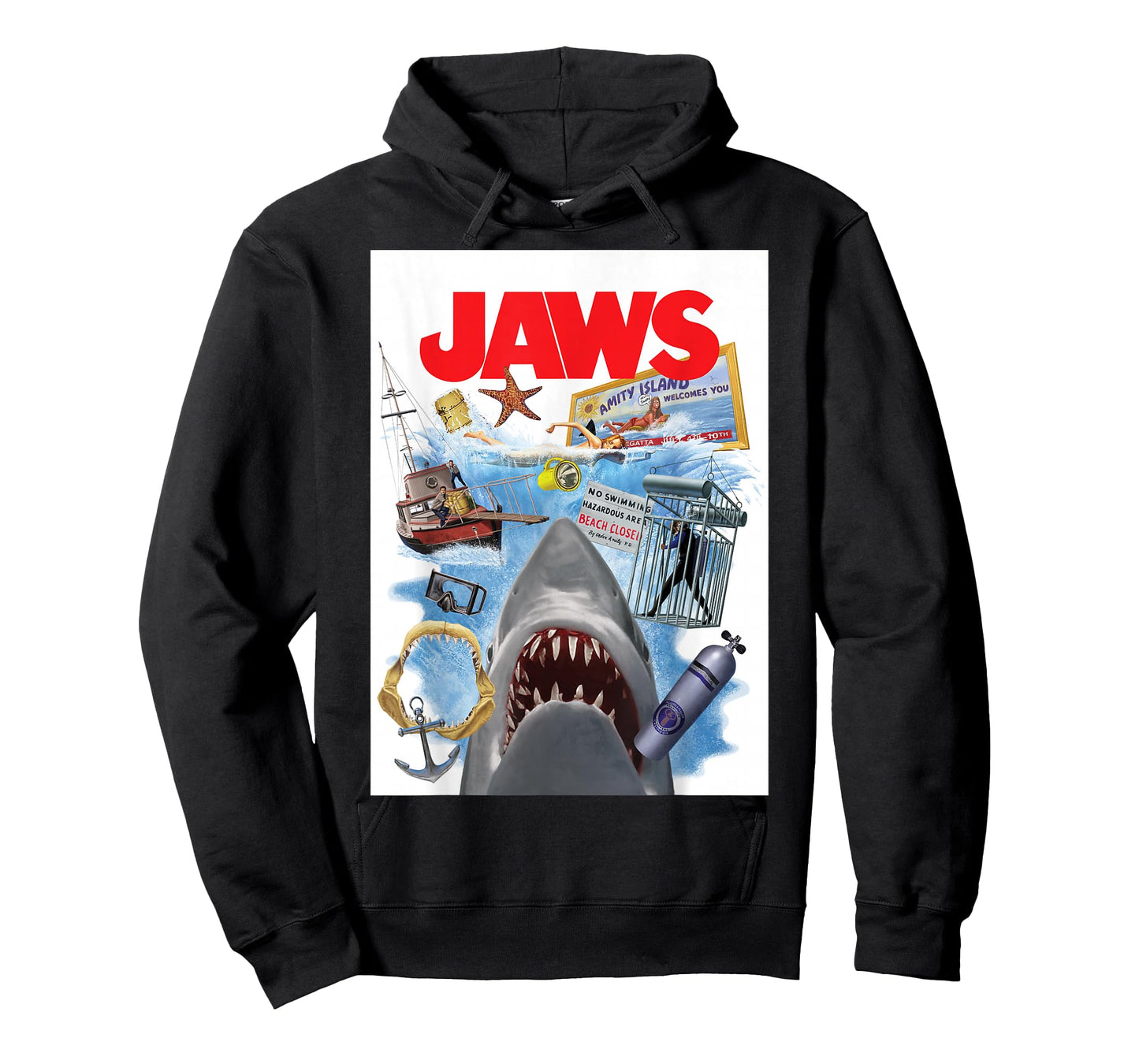 Jaws 50th Anniversary Poster Amity Island Collage 2-Sided T-Shirt