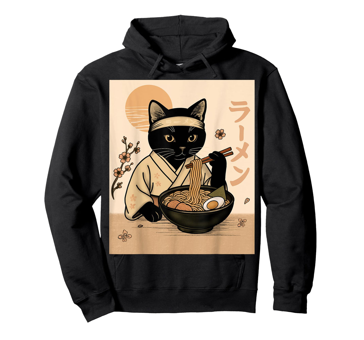 Samurai Cat Eating Ramen in Kimono Japanese Food Art T-Shirt