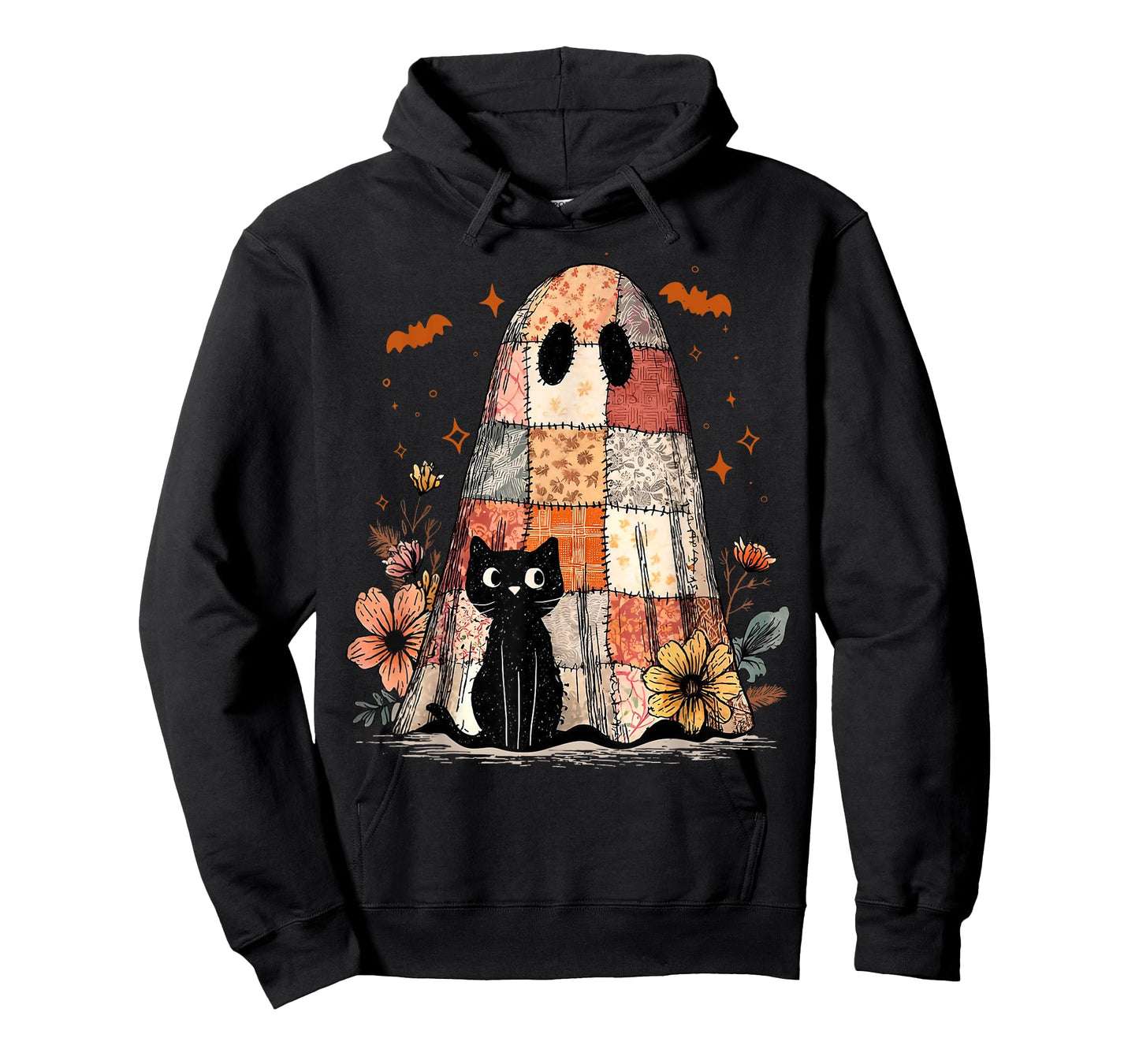 Happy Halloween Cute Ghost Patchwork Black Cat Spooky Season T-Shirt
