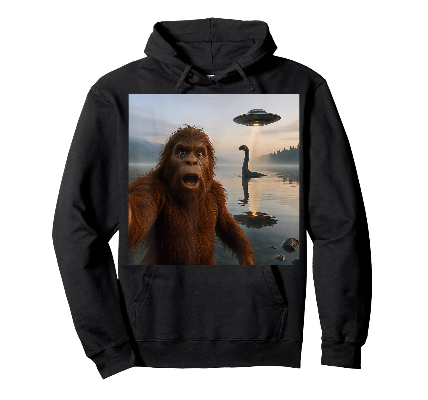 Funny Bigfoot Selfie with Loch Ness Monster and UFO Aliens T-Shirt