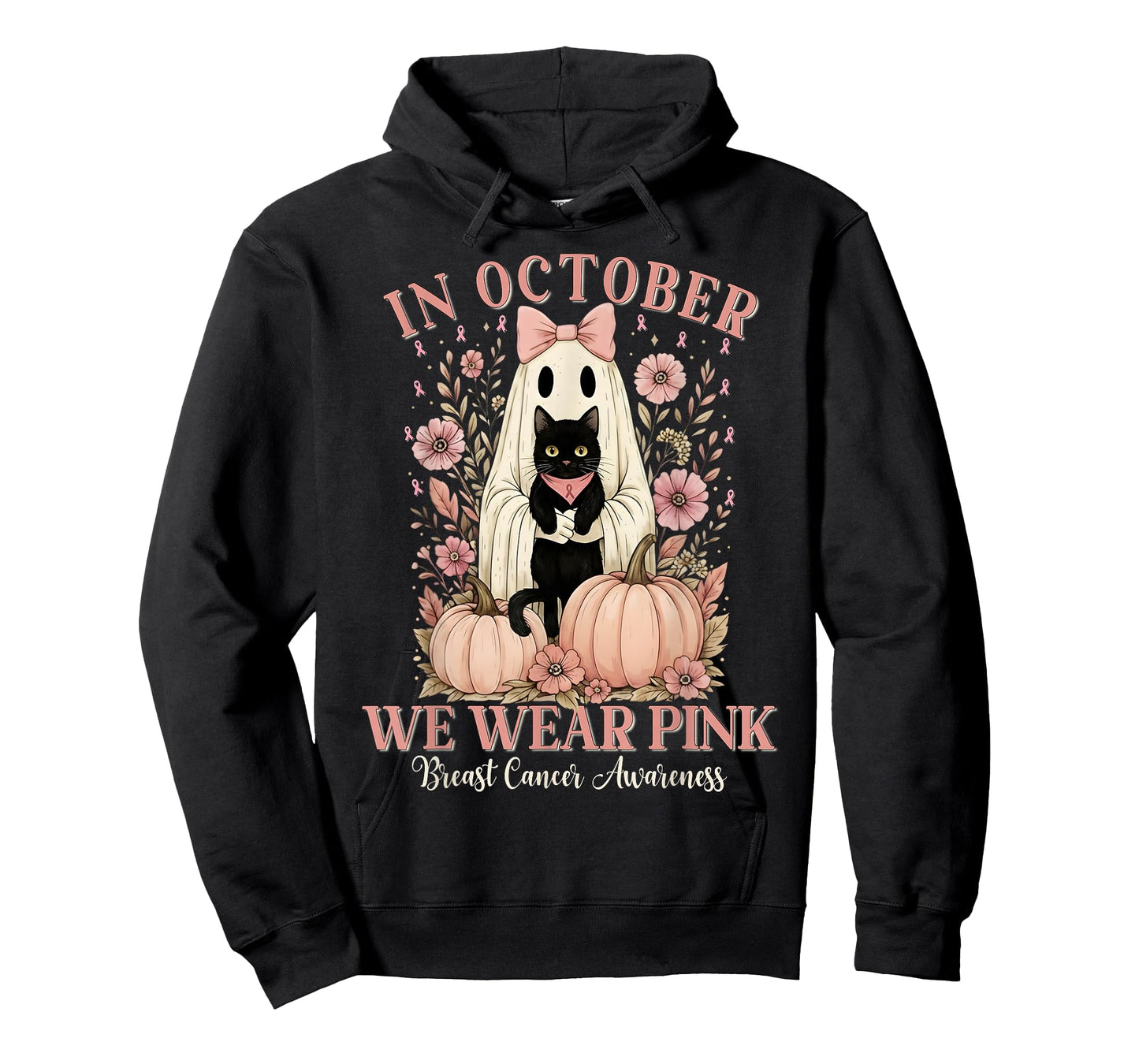 in October We Wear Pink Ghost Halloween Cat Breast Cancer T-Shirt