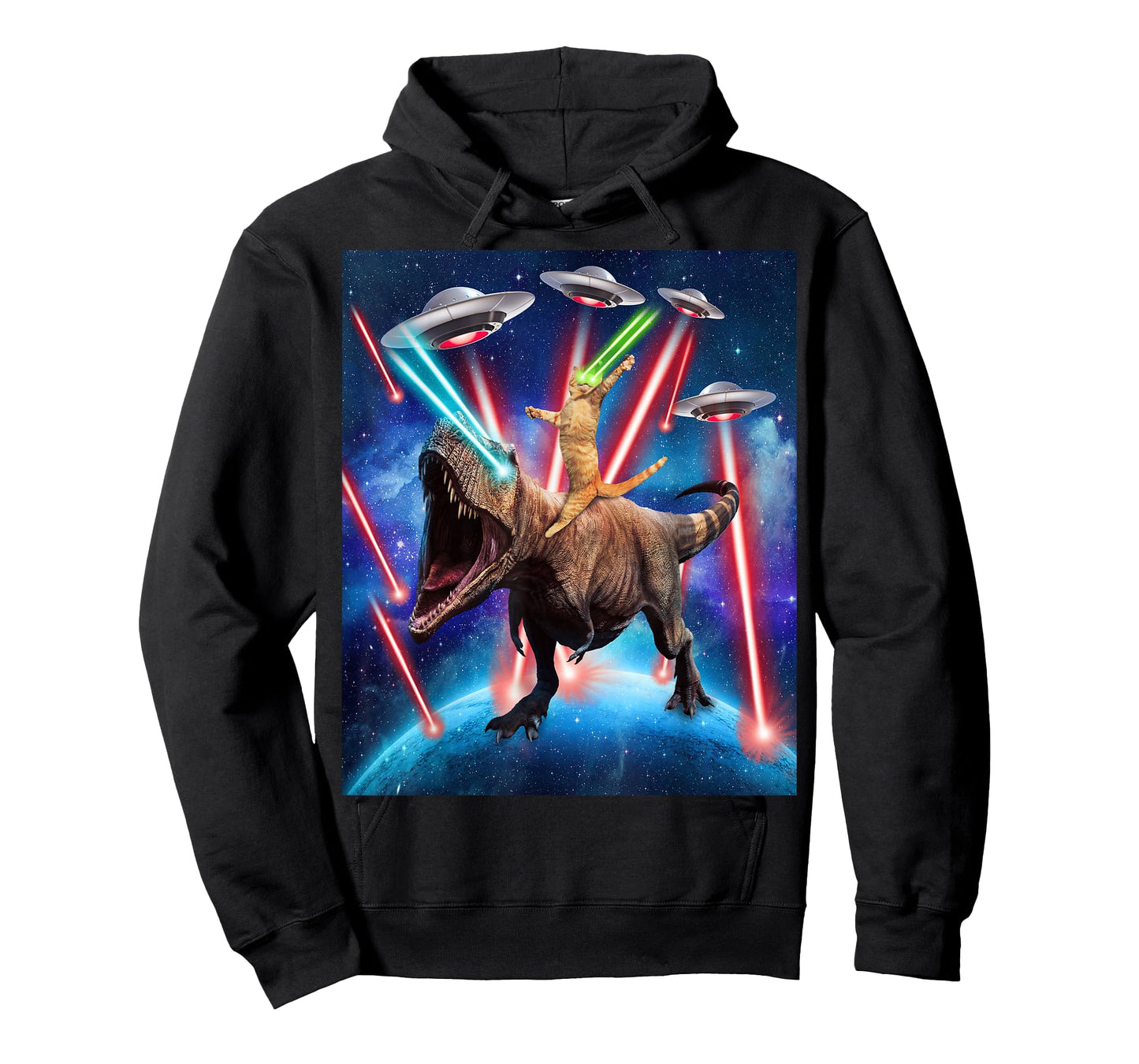 Space Cat Riding Dinosaur T rex Laser Eyes UFO Funny Cat T-Shirt