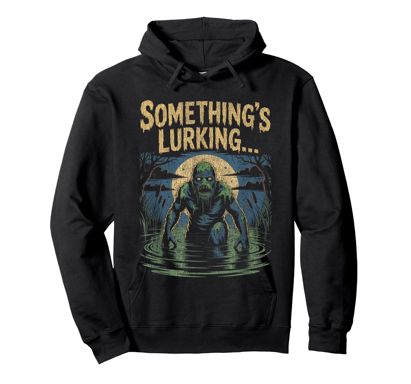 Swamp Creature Emerging from Water Under Full Moon Halloween T-Shirt