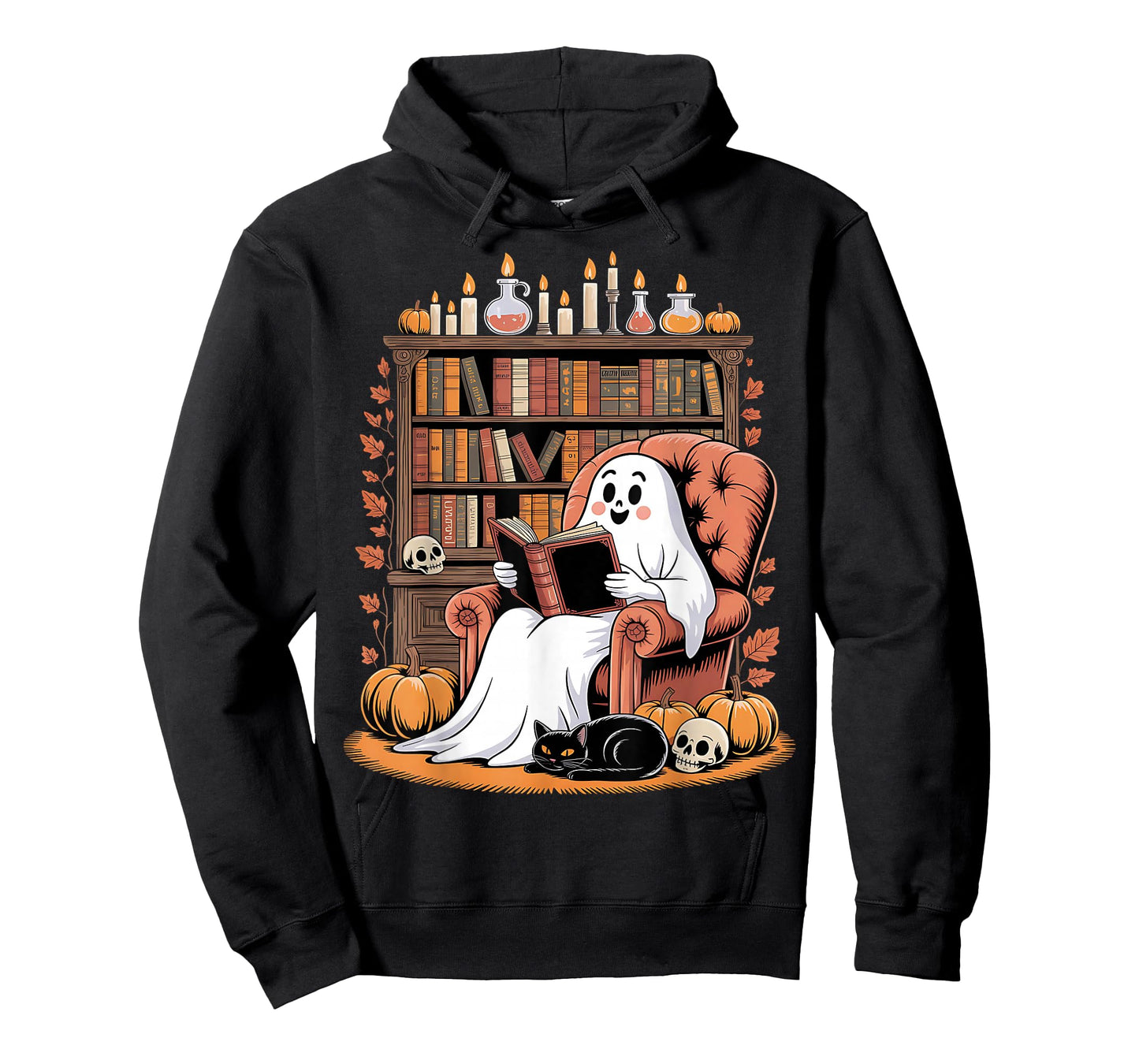 Retro Ghost Reading Books cat, Librarian Ghost Halloween T-Shirt