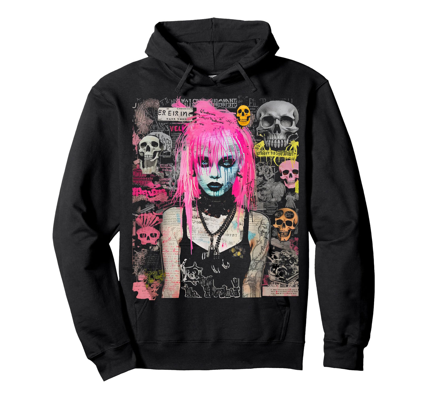 Pink Hair Punk Goth Witch With Skull Collage Background T-Shirt