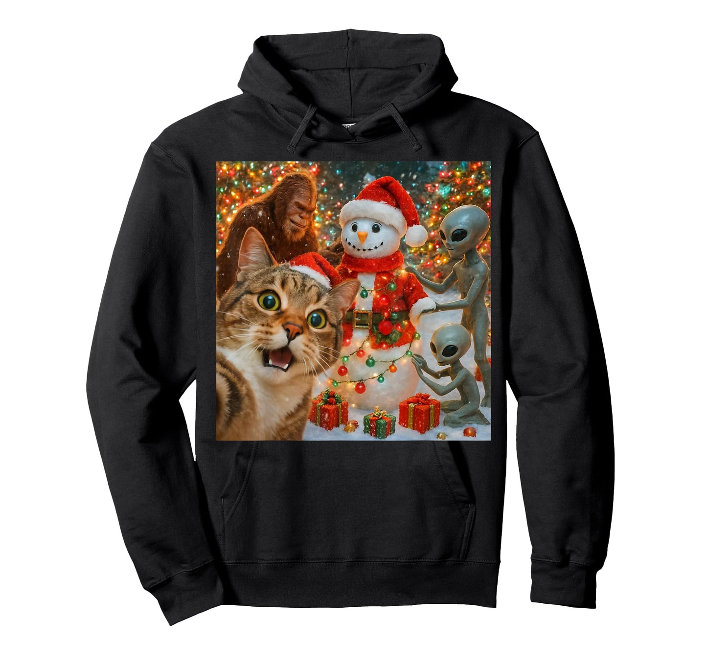 Funny Christmas Cat Selfie with Bigfoot Alien & Snowman T-Shirt