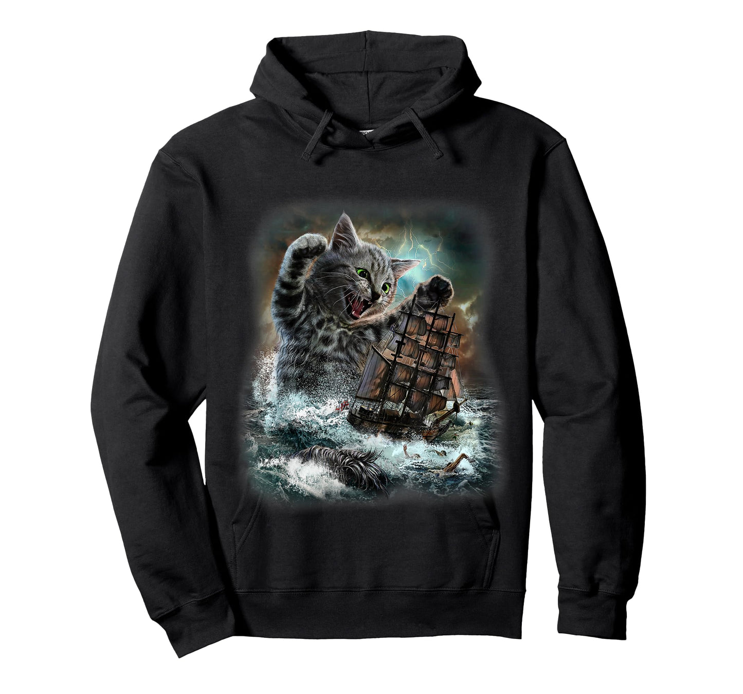 Giant Cat as Kraken Sea Monster Ambush a War Ship in Ocean T-Shirt