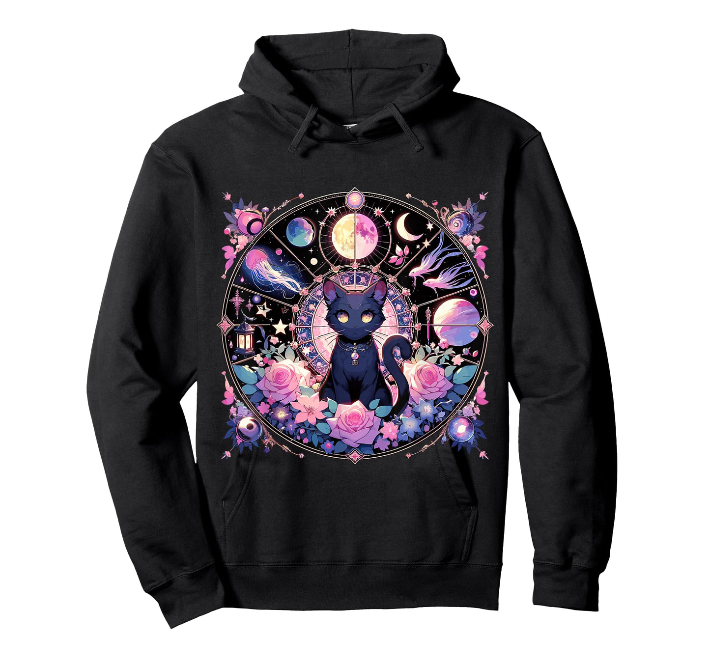 Moon Phases Crystal Witchy Cute Black Cat Kawaii Pastel Goth T-Shirt